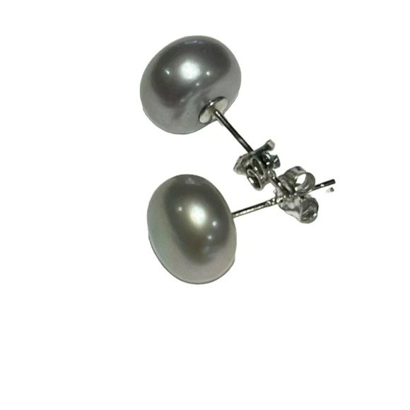 925 Sterling Silver 9mm Cultured Freshwater‎ Pearl Stud Earrings White Dyed Gray - Picture 6 of 12
